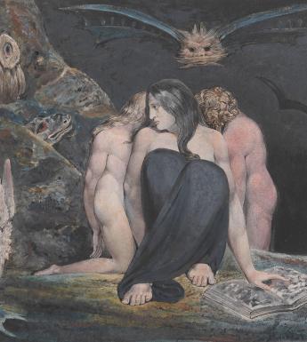 A woman sits crosslegged on the ground, her hand pointing to an open book. She turns to the side, looking at the creatures near her, including a donkey and an owl. Two other figures hide behind her. Overhead, two bat-like creatures fly. 