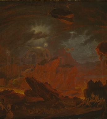 A barren rocky landscape bathed in red light, with winged figures sitting on the rocks and in the sky. 