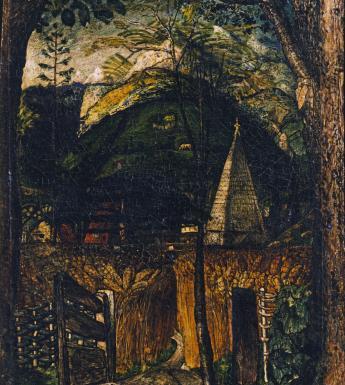 A landscape with a small building with a turret on the right. To the left, a gate is open, leading to a field of corn. Tall trees flank either side of the artwork, and in the background there is a green hill and a crescent moon on its back.