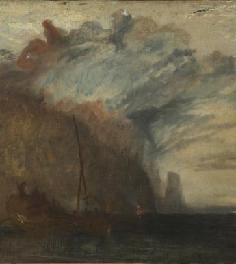 A sketchy painting showing a boat at sea, with storm clouds overhead. Some figures can be made out. 