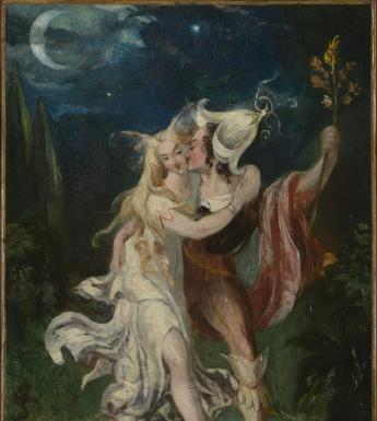 Two fairy -like creatures walk through green area at night, embracing. One wears a flower as a hat, and holds aloft a sprig of leaves. 