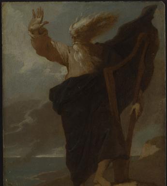 A figure with a long white beard and white hair stands on a cliff-edge, with one foot on a rock, one hand held aloft and one hand on a harp by his side. His hair is being blown by the wind and the sky behind him looks stormy.