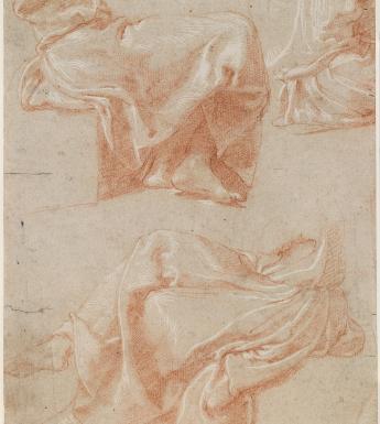 Red and white drawing of draped fabric.