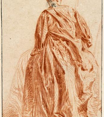 Drawing of a woman in a large red/orange gown, seen from behind.