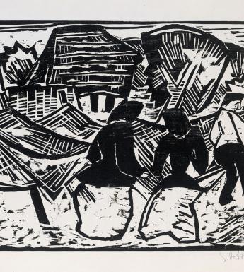 Black and white woodcut of three figures working in a field, with a small house in the background.