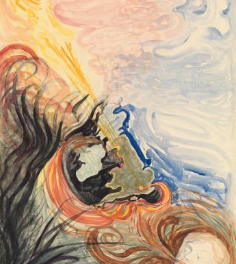Abstract painting featuring a map of the British Isles. A human figure in the position of Europe is blowing dark coloured wind around the canvas.