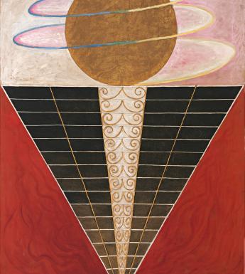 Abstract painting of an inverse triangle with a grid pattern. A globe is depicted as rotating at the top of the pyramid