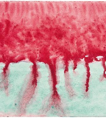 Abstract painting of red watercolour paint, dripping down the canvas and mixing with light blue paint on the bottom of the canvas.