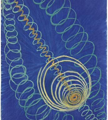 An abstract image of an off centre concentric circle painted in yellow, with yellow and green spirals surrounding it, painted on a blue background.