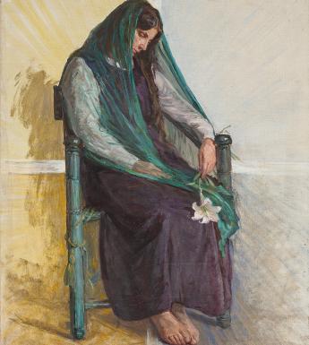 Painting of a female figure, who is seated and is holding a white lily on her lap. She is wearing a purple dress and is draped in a teal shawl.
