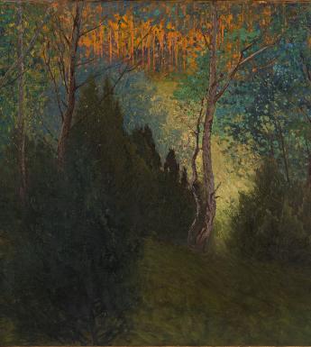 Painting of a dark forest at twilight, under a dark blue and orange sky.