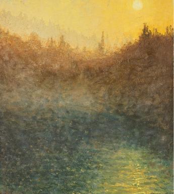 Painting of a river surrounded by trees at sunrise.