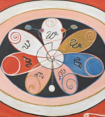 Abstract painting consisting of a shape inside a number of circles of black, pink and white. The shape is made up of seven egg shaped petals that are white, pink, red, blue and gold, and each shape has a spiral and black symbol within it. The centre of the image is a white spiral, and the background is red with a white symbol in each corner. 