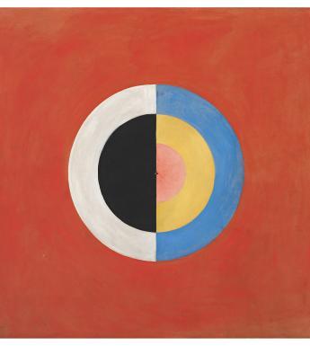 Abstract painting of a concentric circle, painted in semi-circles of white, black, blue, yellow and red, on a solid red background.
