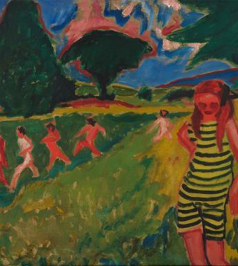 German expressionist style painting of a young girl wearing a black and yellow striped playsuit. There are five nude figures in the background, and the painting is set in a field with large trees.