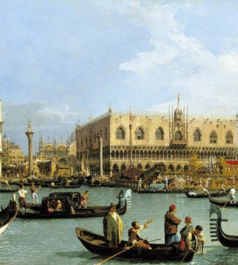 Oil painting of gondolas on a canal in Venice with the spire of Saint Mark's and Palazzo Ducale in the background