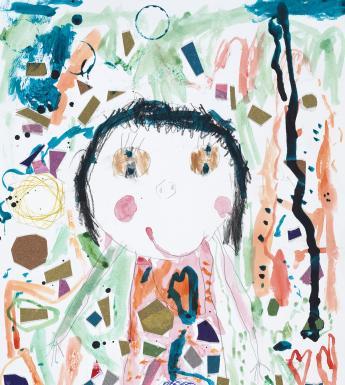 A collage portrait of a smiling figure. The dominant colours are green, blue and orange