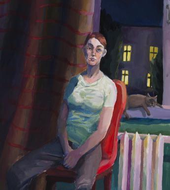 A woman sits in front of a window. Behind her, the curtain is a radiator and a cat sits on a windowsill. Through the window, we can see the lights of the house across the street. 