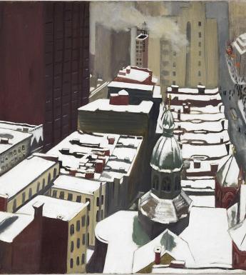 A stylised painted view of New York, painted from a high viewpoint looking down on the snow-covered roofs of buildings.
