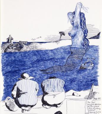 Blue and black pen and ink drawing of a giant siren in the sea with two figures kneeling on the shoreline