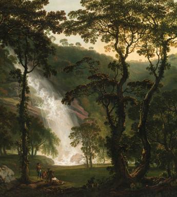 A painting showing the waterfall at Powerscourt Estate, Co. Wicklow through trees. In the left foreground of the painting, we can see some figures who are dwarfed by the grandeur of the waterfall.  