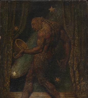 A large, muscular figure with scales on his body and his tongue protruding walks through a wooded area at night. In his hand he holds a large acorn top, the size of his head. 