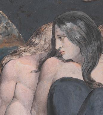 Detail of a painting of a group of figures seated.