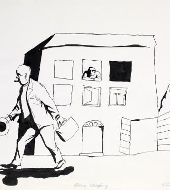 An ink drawing of a man carrying a hat and satchel walking past a building