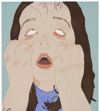 An illustration of a figure with shoulder length brown hair pulling their eyes downward with their hands so the whites are all that are showing and the inner red eyelid is exposed.