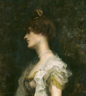 Portrait of Countess Markievicz in a cream dress against a dark background