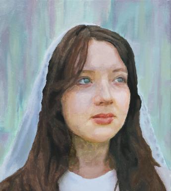 A young girl wearing a white dress and veil with brown hair over her shoulders gazes off to the right. 