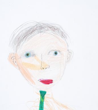 A drawing of a figure using pencils and markers. They have bright blue eyes, a red mouth and are wearing a green tie. 
