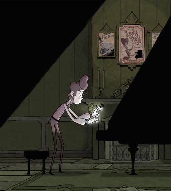 Animated-film still of a character with glowing hands about to play a grand piano