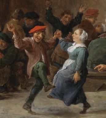 Seventeenth-century Dutch painting of country people dancing, drinking and talking.