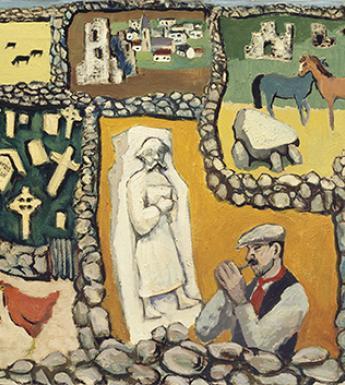 Stylised painting of a patchwork of fields, bordered by stone walls, and containing vignettes of people, animals and buildings.