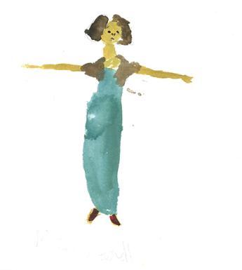Watercolour of woman in a green dress standing with her arms out perpendicular to her body.