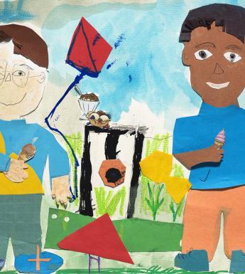 A collage of two figures standing in a park. They both bold ice cream cones in the hands, and behind them is more icecream and a red kite. 