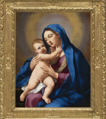 Tender painting of the Virgin Mary holding the Infant Jesus, in a gilt frame