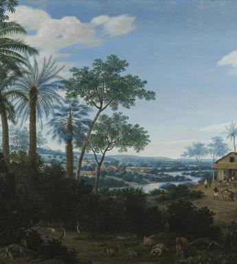 An oil painting of a Brazilian landscape with Brazilian animals in the foreground, and sugar mill buildings in the middleground with enslaved people working.