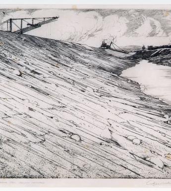 Black and white etching of a canal being dug for the Shannon Scheme, with a large bank of earth filling three-quarters of the composition, and two machines silhouetted against the sky.