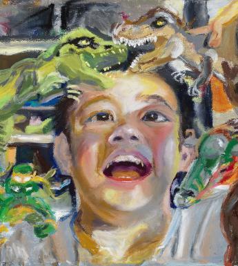 An oil painting of a small child surrounded by toys with a look of joy on his face. Above his head he holds out two plastic dinosaurs, doing battle. 