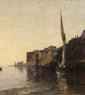 A painted view of a harbour with a sailboat in the foreground and a cliff to the right.