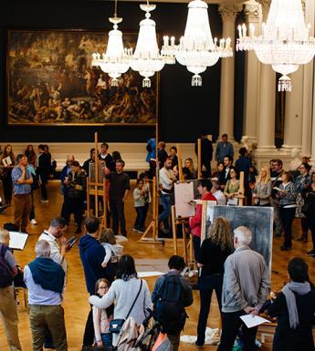 Artists painting musicians in the Shaw Room of the National Gallery of Ireland