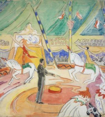 Painting of the inside of a circus tent, with clowns, acrobats and horses performing