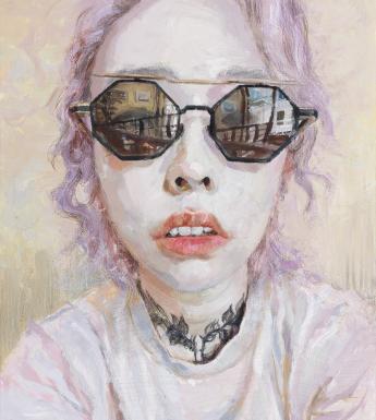 A drawing of a woman with lilac hair wearing sunglasses. In the glasses, we see the reflection of an interior, and an exterior