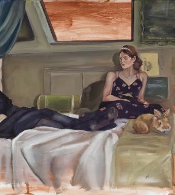 Two figures recline on an unmade bed under a skylight with a red sky. One is dressed all in black and looks at the viewer. The second is wearing a floral dress and gazes off the left. At the foot of the bed is a small rabbit. 