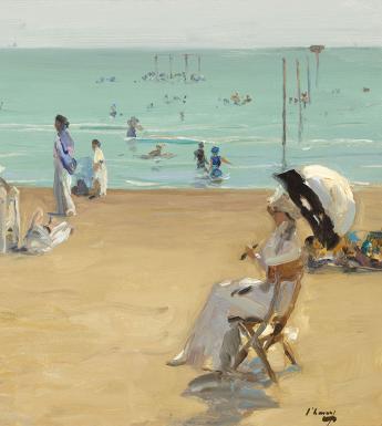 In the foreground, ladies in white dresses and children recline on the beach, some under sun parasols. Further out, people are swimming in the blue water. 