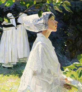 Detail from Leech's painting of a nun in profile in a lush garden with four nuns half visible in the background