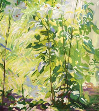 Close up of white flowers and lush green foliage in Leech's painting