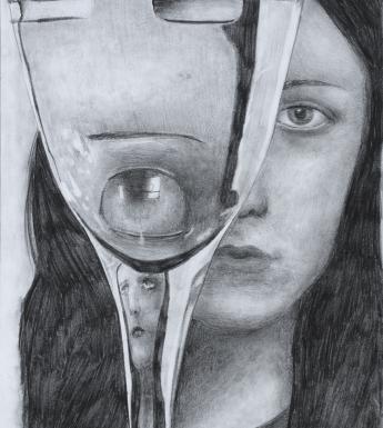 A pencil drawing of a figure's head and shoulders. They are partially obscured by a wine glass filled with water in the foreground which distorts the image and reflects different parts of the face back to the viewer.